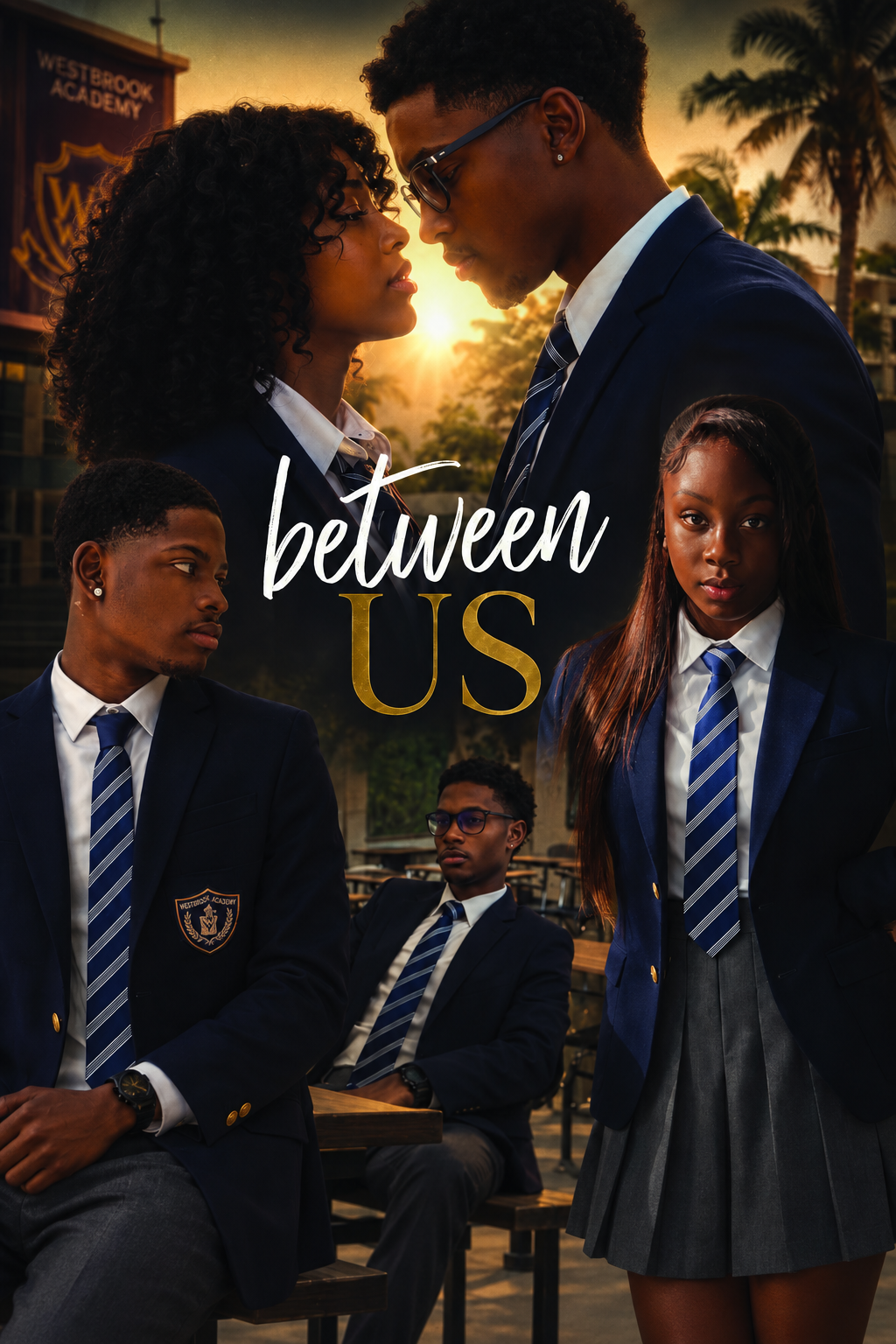 Between Us poster with the characters and title over a school courtyard