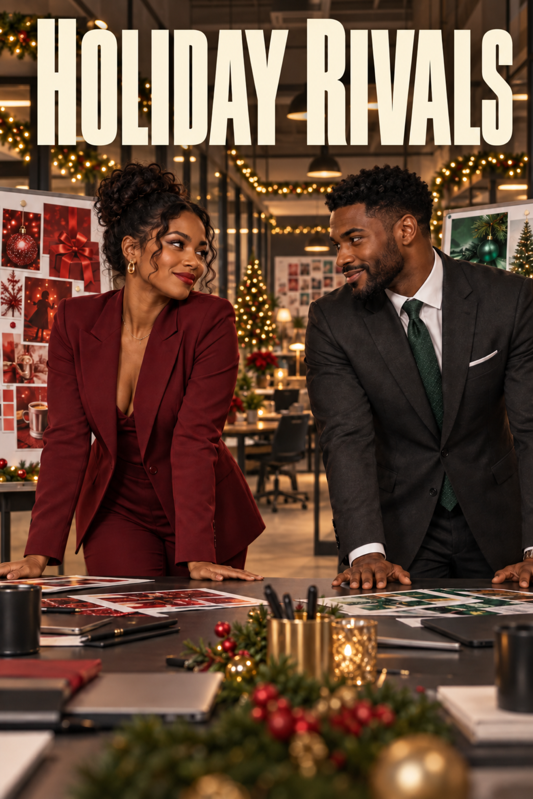 Holiday Rivals concept poster showing two rival coworkers competing on Christmas advertising campaigns inside an office